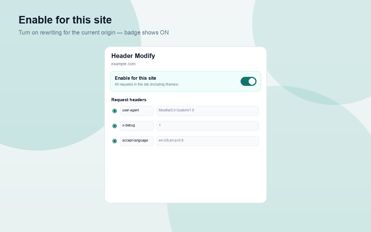 Popup: Enable for this site is on, with user-agent, x-debug, and accept-language rows